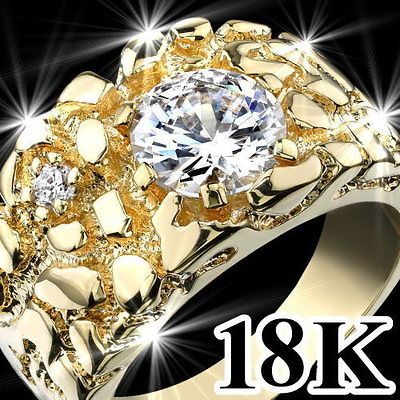 18K YELLOW GOLD PLATED NUGGET PRESIDENT ROUND CUT WHITE CZ MENS PINKY