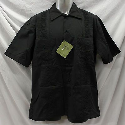 NWT PLATOON GUAYABERA CASUAL EMBROIDERED CUBAN STYLE SHIRT BLACK SZ L