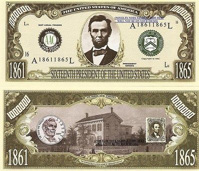 16th President Abraham Lincoln Million Dollar Bills x 4 United States