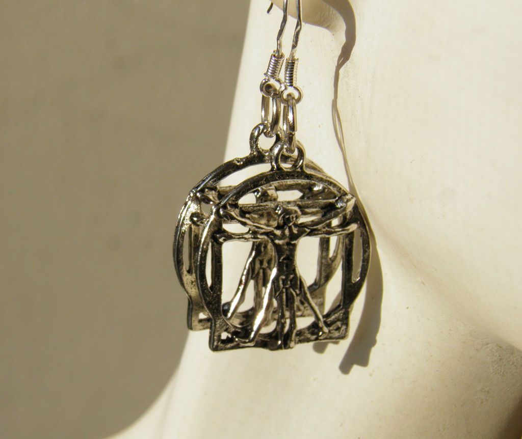 Leonardo Da Vinci Earrings Vitruvian Man Pewter Charm Sterling Silver