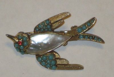 TRIFARI VINTAGE RARE PEARL BELLY & TURQUOISE BIRD BROOCH