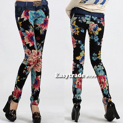 Floral Print Skinny Watercolored Denim Pencil Legging Trousers ESY1