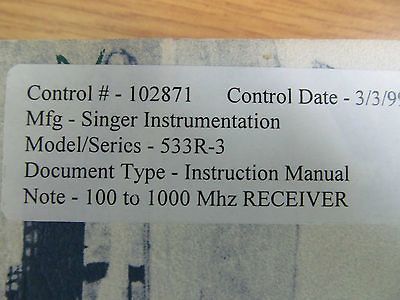 Singer 533R 3 100 to 1000 Mhz Receiver Instruction Manual w