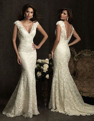 Allure Bridals Vintage Lace V Neck Lessback Mermaid Wedding Dress