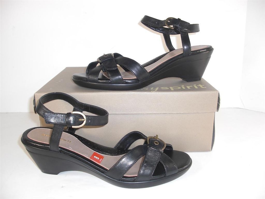 Easy Spirit Sabine 8 M Black Leather Strappy Brass Buckle Wedge Sandal