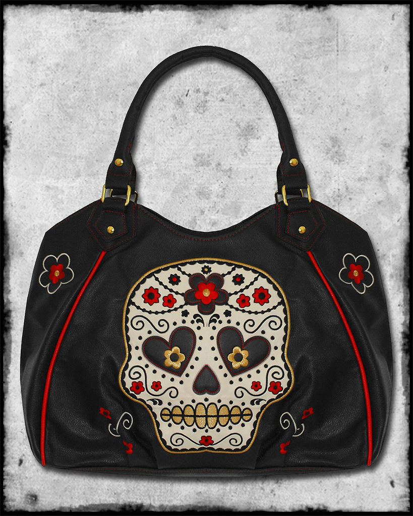 BANNED BLACK RED CANDY SUGAR SKULL ROSE TATTOO ROCKABILLY SHOULDER