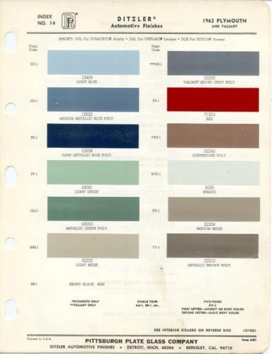 1963 Plymouth PPG Paint Color Charts 63 Fury Belvedere