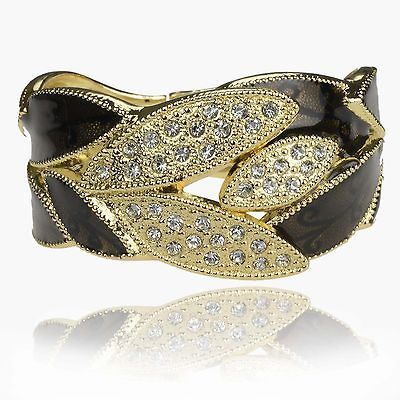 Leaf Crystal Enamel Huge Retro 18K Gold Plate GP Bangle Bracelet