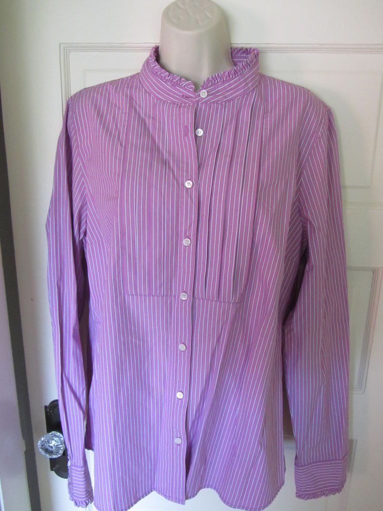 Crew Button Down Shirt Top Sz XL 14 Pink White Stripe Ruffle Edge