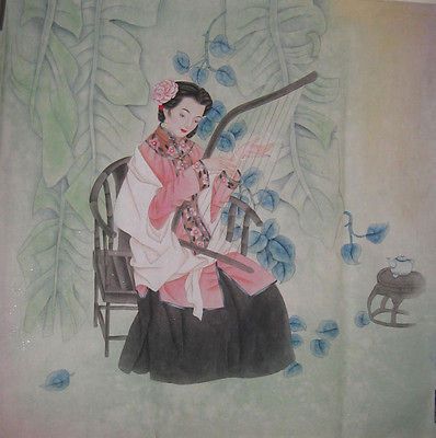 27 sq Chinese Fineart Painting   WOMAN music player   by Shen Mei