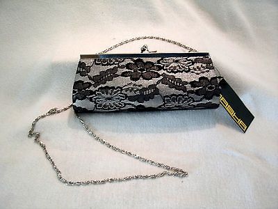 Sasha Silver w/Black Floral Lace Overlay Clutch w/Silver Chain Shouder