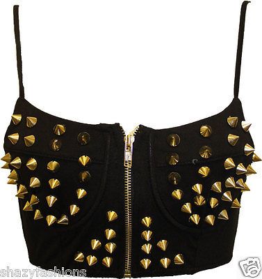 Womens Designer Spikes Studded Bralet Front Zip Ladies Boobtube Bra