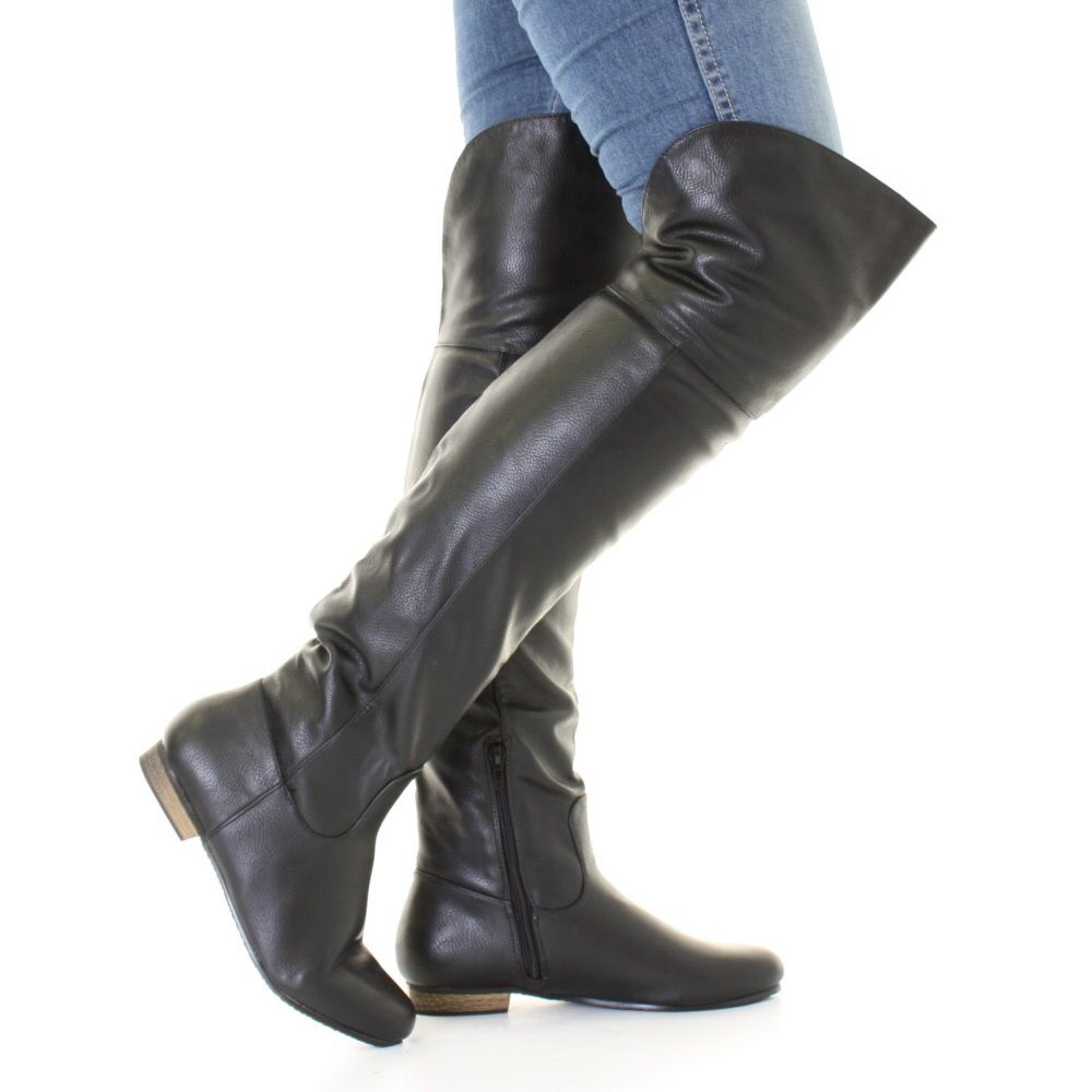 WOMENS BLACK LEATHER STYLE FLAT OVER KNEE THIGH HIGH PIRATE CUFF BOOTS