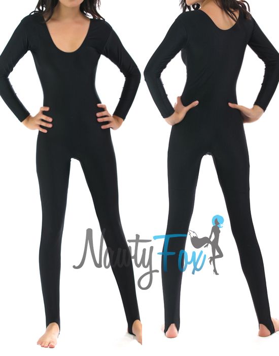 Black Scoop Neck Long Sleeve Shiny Spandex Dance Stirrup Unitard