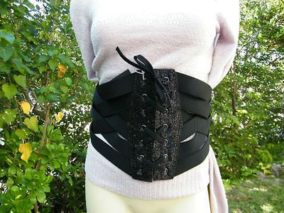 BEBE belt corset black elastic glitter new ties in back snaps