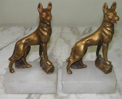 ANTIQUE BRONZED METAL DOG GERMAN SHEPHERD ON LOG ONYX BASE BOOKENDS