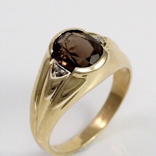 Vintage Solid 10K Yellow Gold Mens Smoky Topaz Diamond Pinky Ring