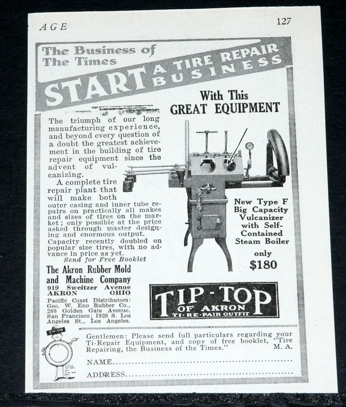 1918 OLD WWI PRINT AD, AKRON, TIP TOP TIRE VULCANIZER