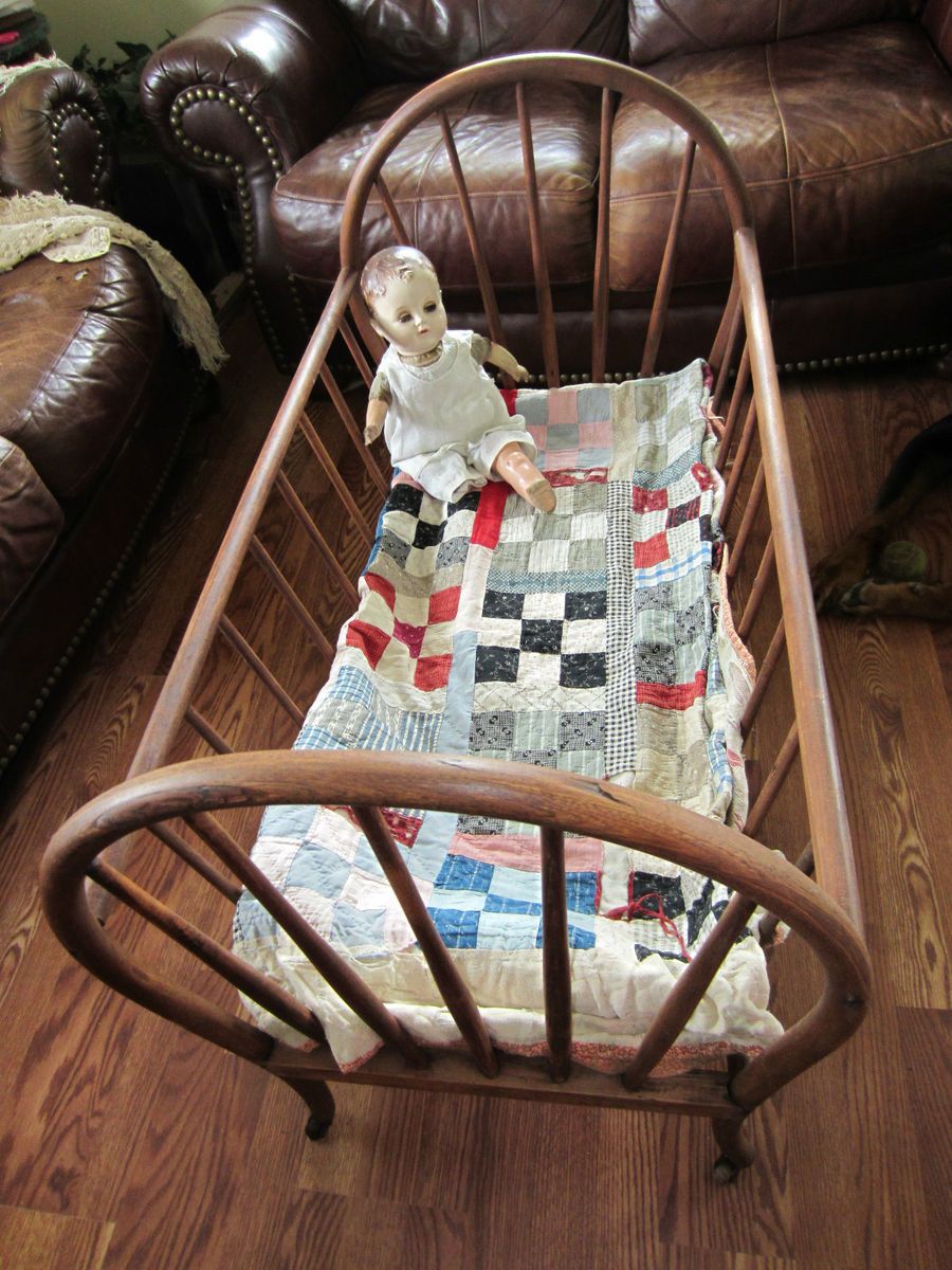 Antique Wood Baby Cradle Bassinet Bed Wooden Wheels Doll Quilt Display