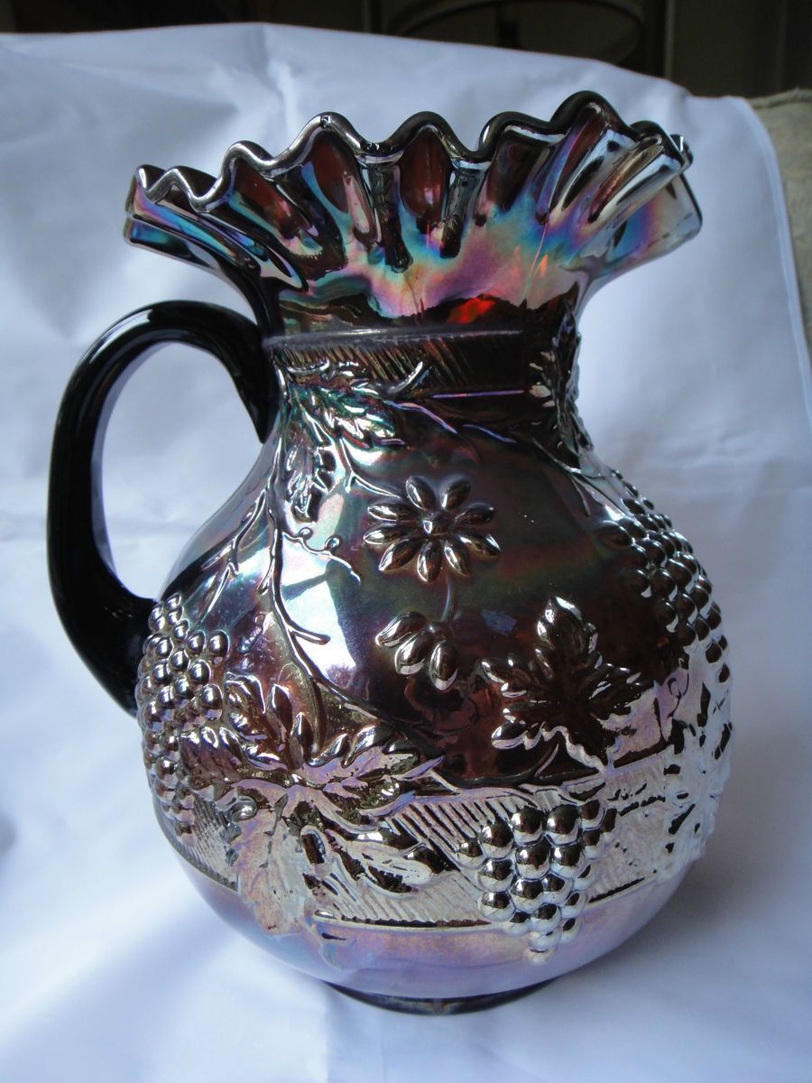 Beautiful Dugan Amethyst Carnival Glass 9 Pitcher with Floral & Grape