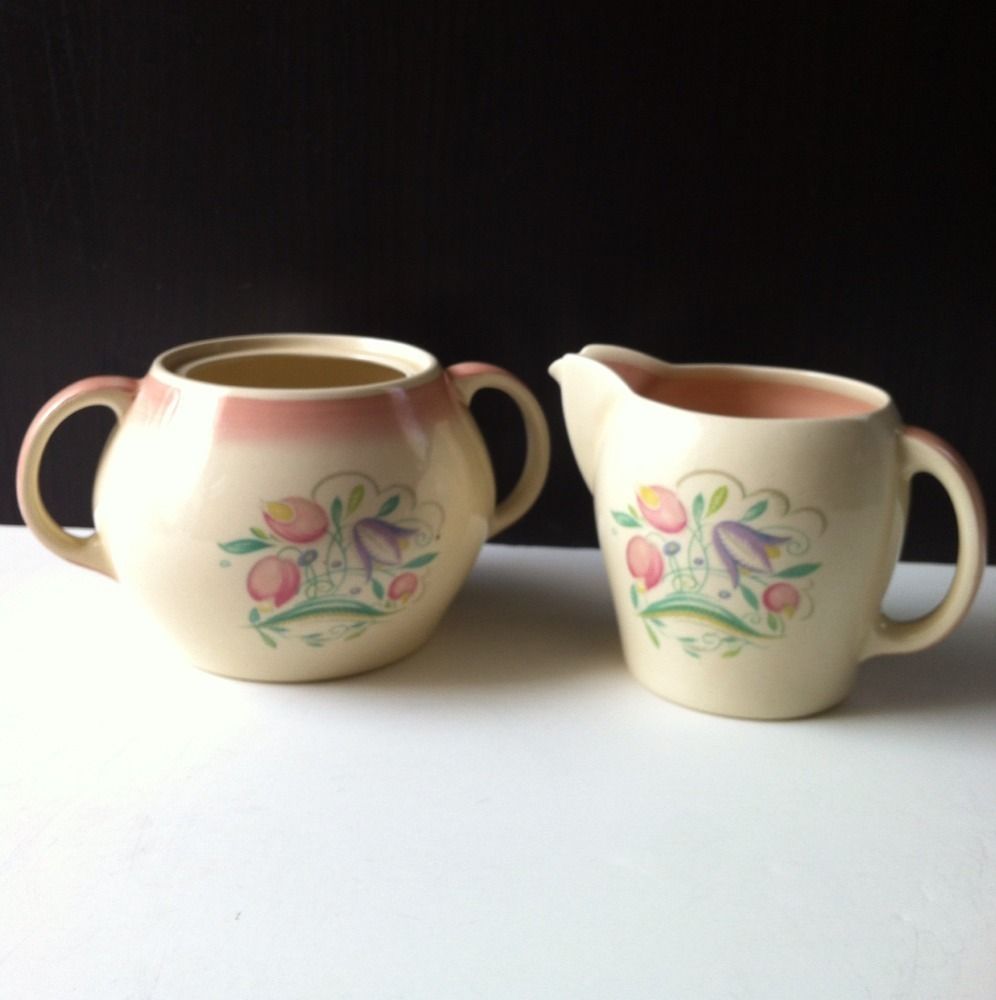 Susie Cooper Dresden Spray Pink Rim Creamer Sugar Bowl No Lid 1935